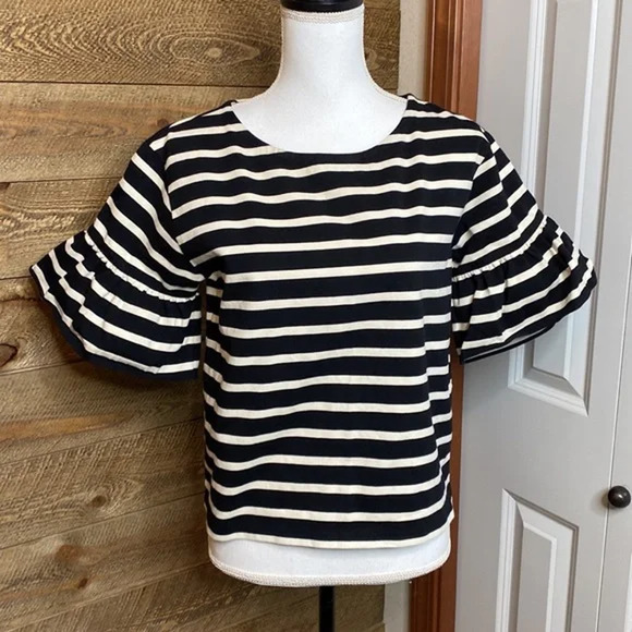 J. Crew Black/Ivory Stripe Ruffle Sleeve Top Size XS - Picture 1 of 6